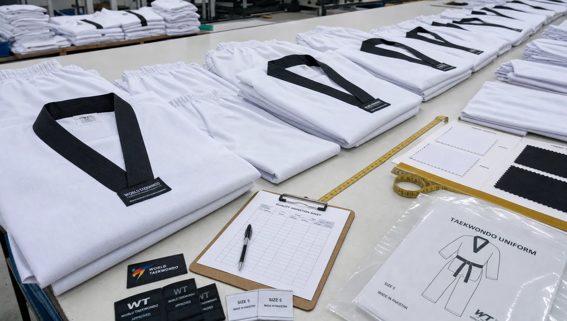 Rows of white taekwondo dobok jackets and pants arranged on a factory inspection table with measuring tape, fabric swatches, woven labels, and folded packaging samples nearby.