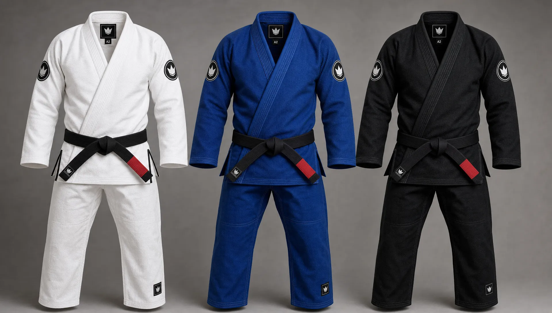 Three competition BJJ gis stand side by side in white, blue, and black, showing patch placement, woven labels, and reinforced stitching.