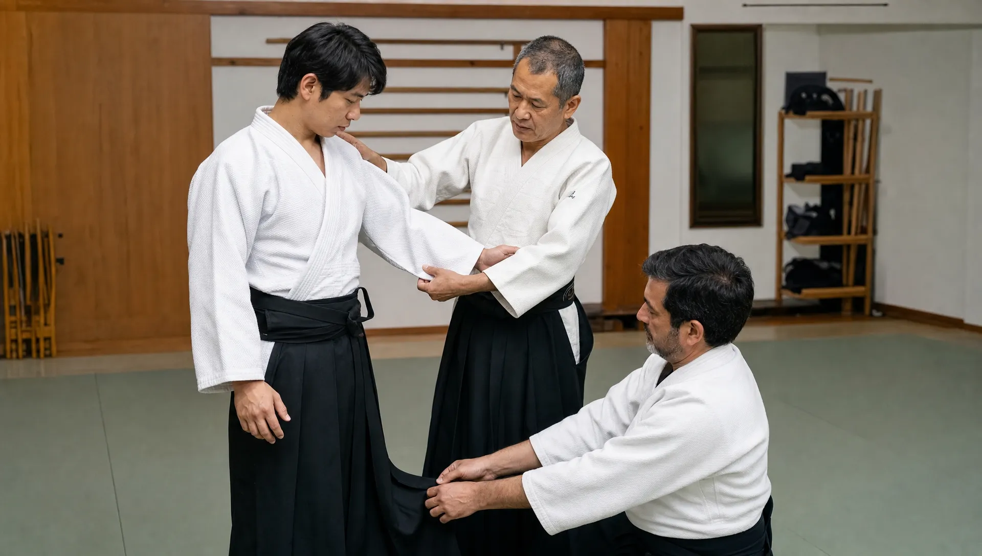 Two adult Aikido practitioners test gi fit and movement during a fitting session in a dojo.