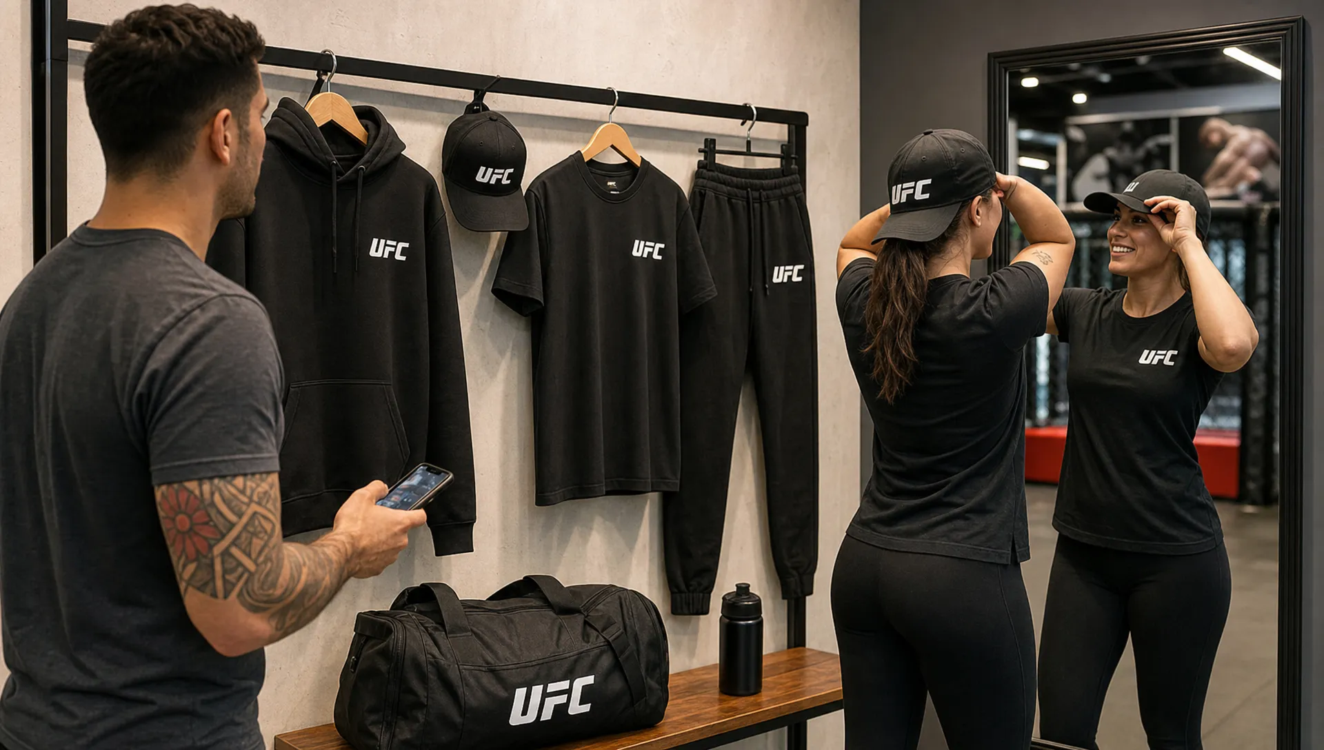 Two adults choose MMA merch in a gym lounge beside a rack of hoodies, tees, caps, and joggers.