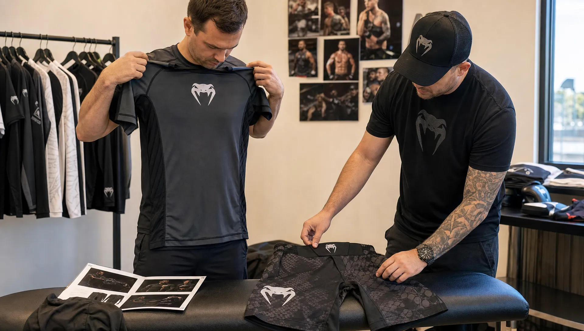 Two adults review logo placement on a rash guard and fight shorts during an athletic apparel fitting.