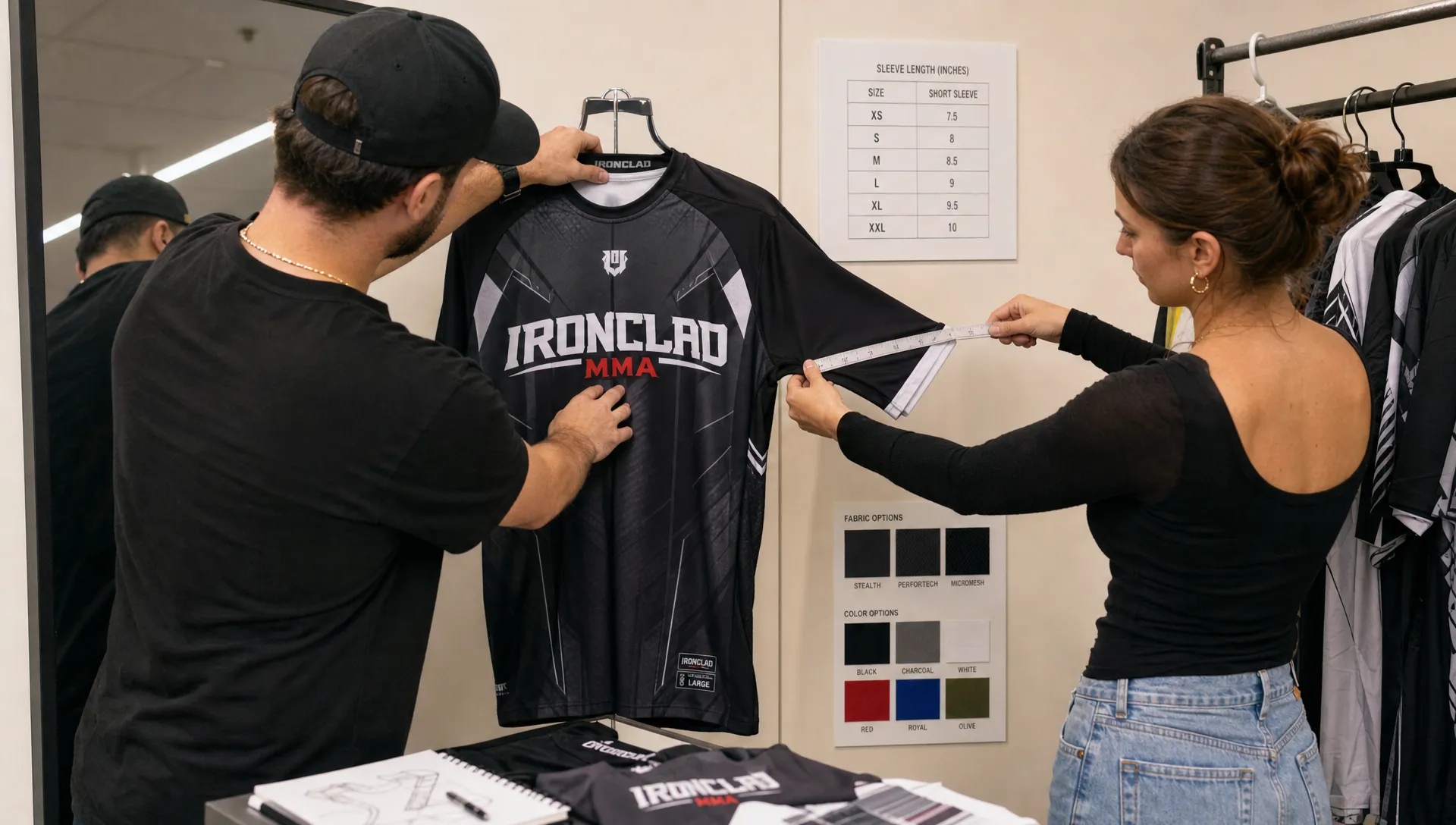 Two adults review MMA jersey fit and logo placement during a design fitting.