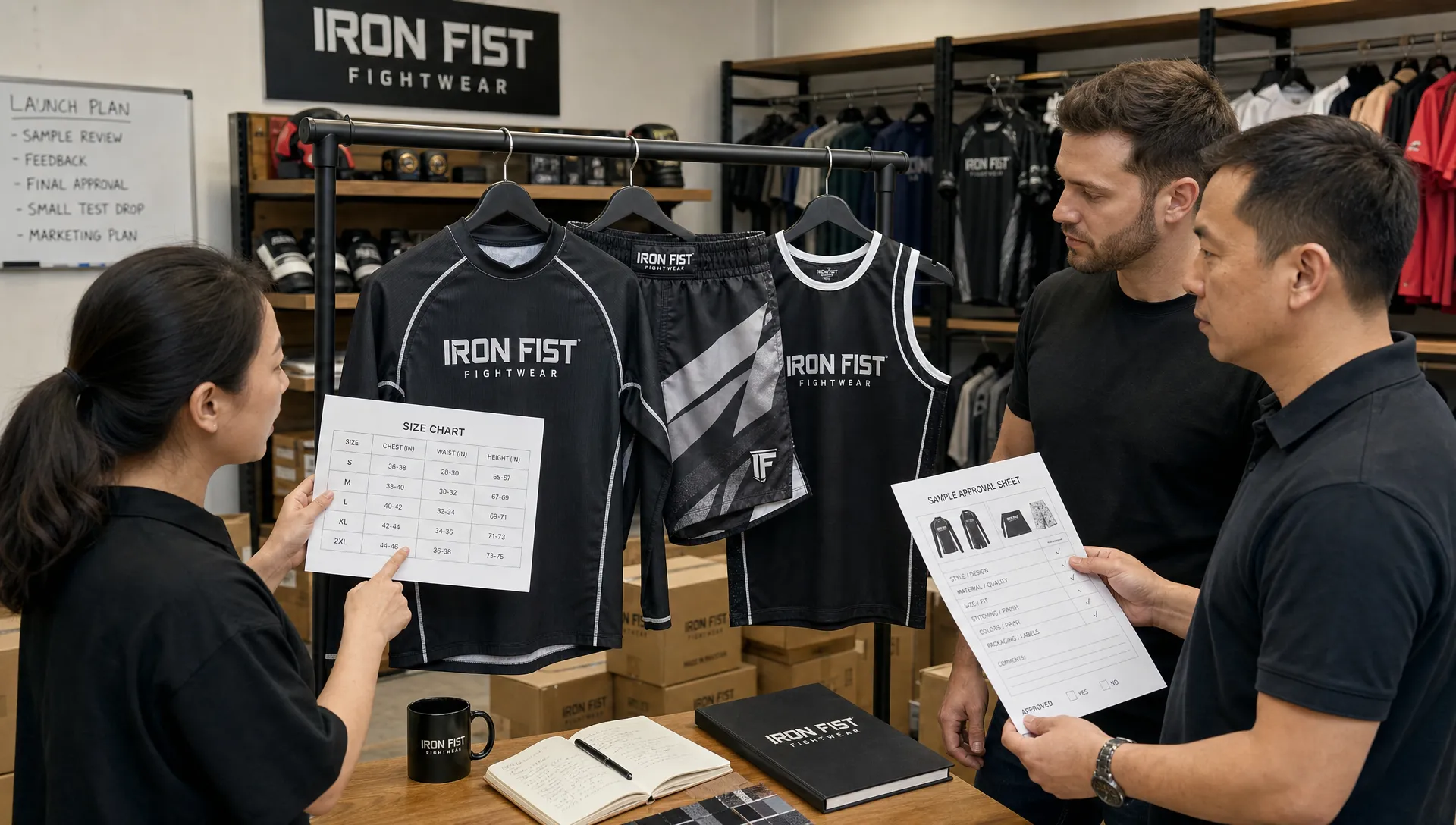 Two buyers and a production representative review fightwear samples and a size chart during a test drop meeting.