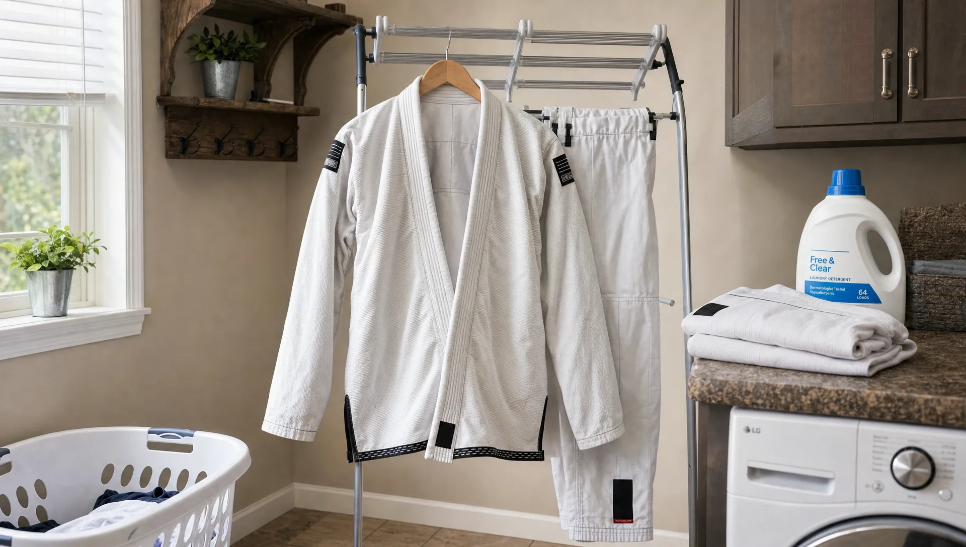 A jiu jitsu gi hangs to dry in a home laundry room after washing.