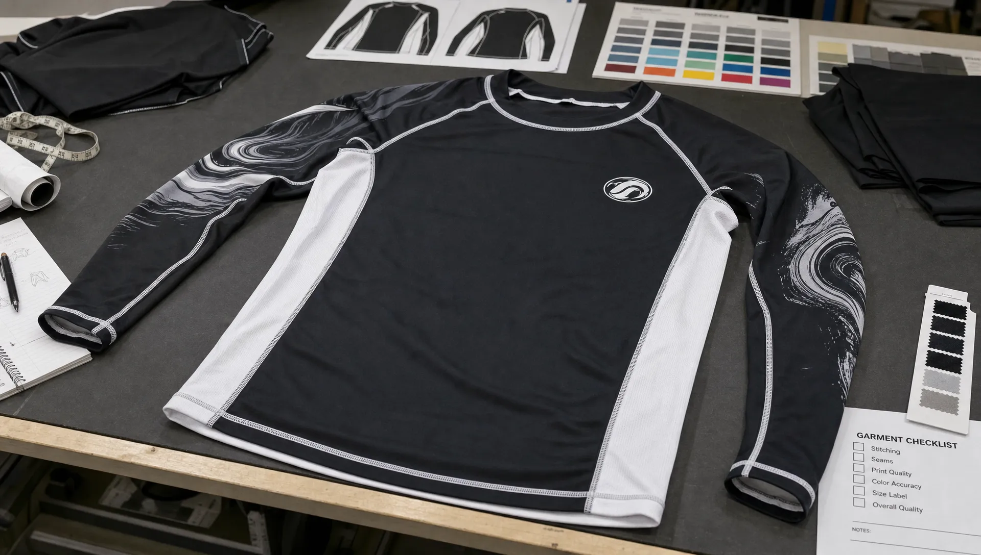 A jiu jitsu rash guard lies open on a worktable with reinforced seams, stretch panels, sleeve cuffs, and print checks visible before use.