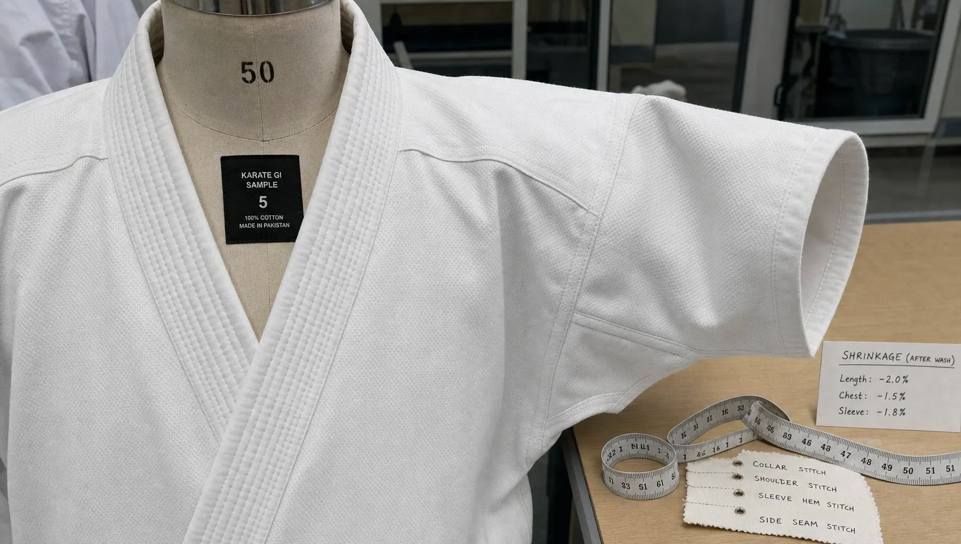 A karate uniform jacket on a dress form shows collar, shoulder, and sleeve details used to check fit.