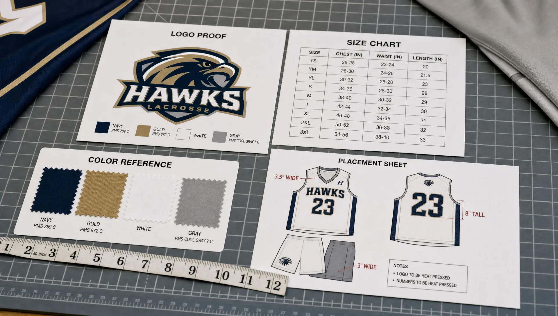 A logo proof, size chart, color card, and placement sheet are laid out for custom uniform approval.