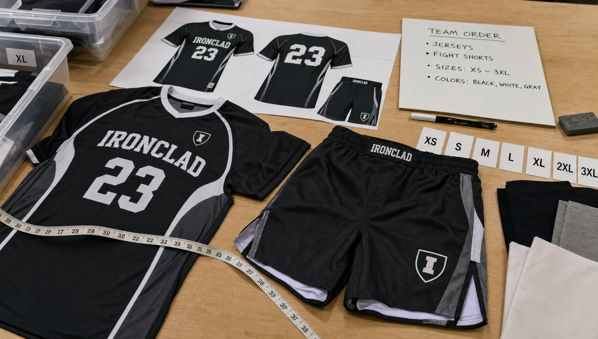 A measuring tape, sample jerseys, fight shorts, and size labels sit on a worktable for a custom team apparel order.