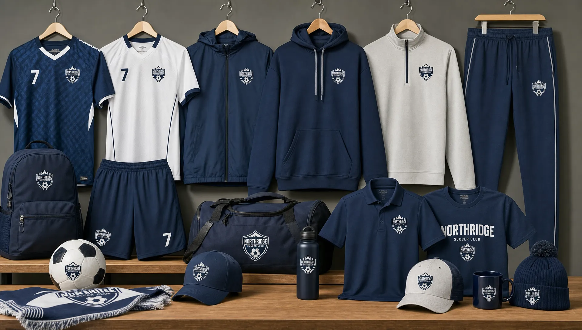A neatly arranged collection of sports uniforms for training, travel and team retail, with jerseys, shorts, a hoodie, joggers, and branded fan apparel.