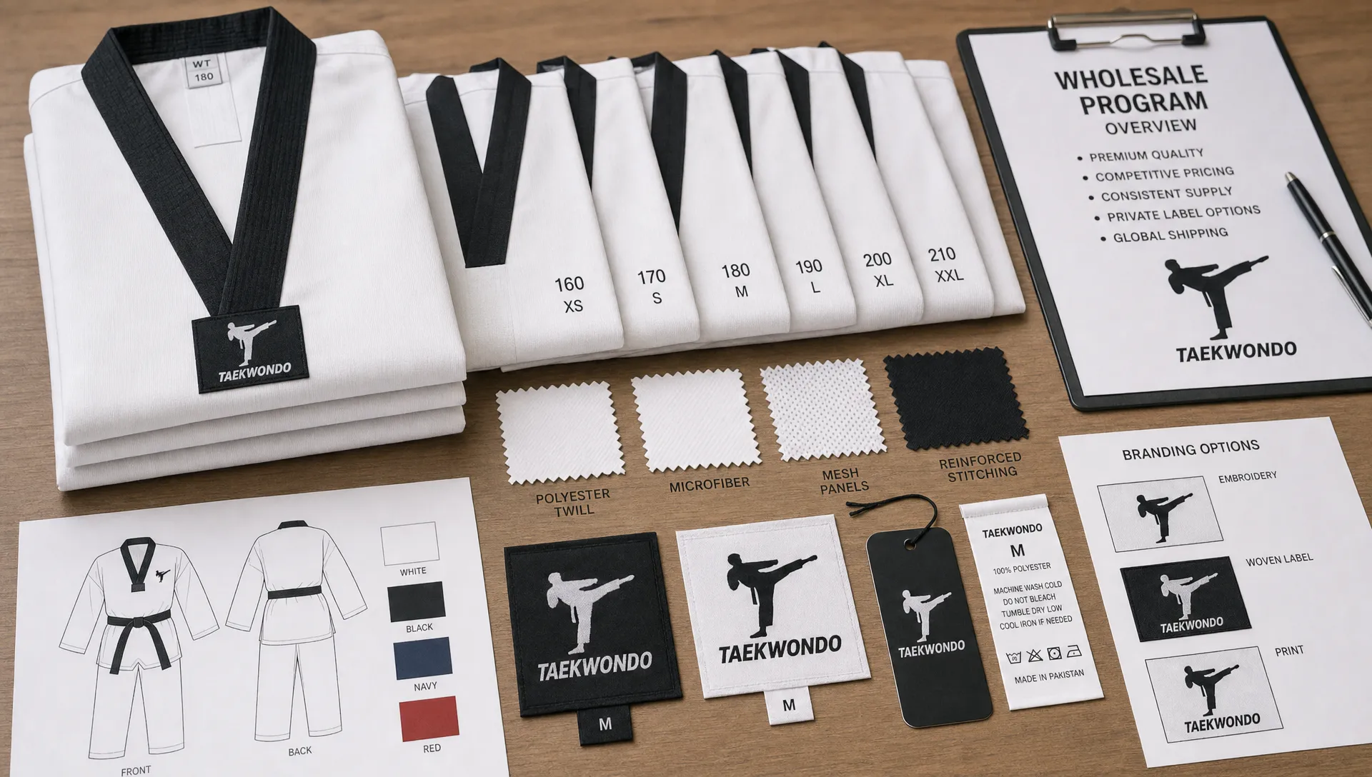 A planning table with folded doboks, size labels, fabric swatches, and branding samples for a taekwondo uniform wholesale program.