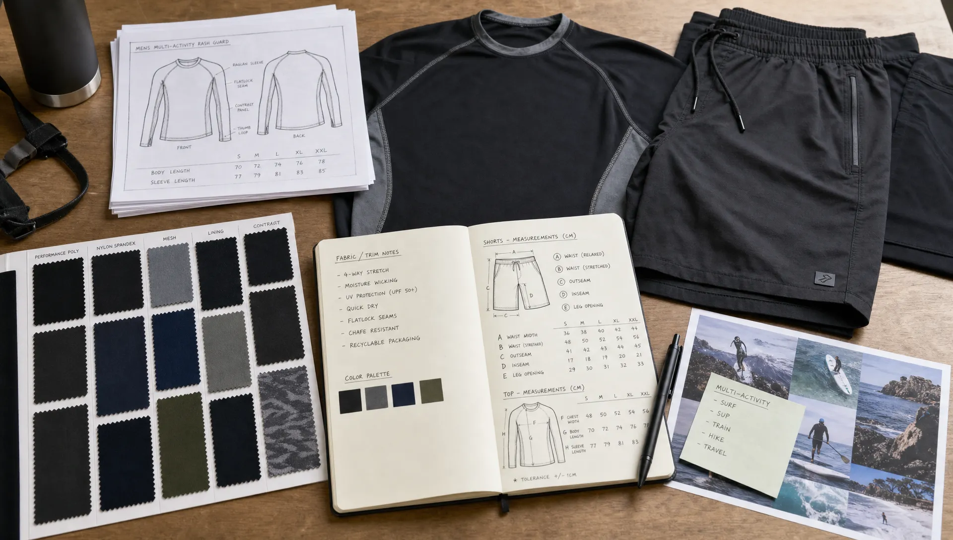 A product development table shows fabric swatches, athletic shorts, rash guards, and measurement notes for multi-activity sportswear.