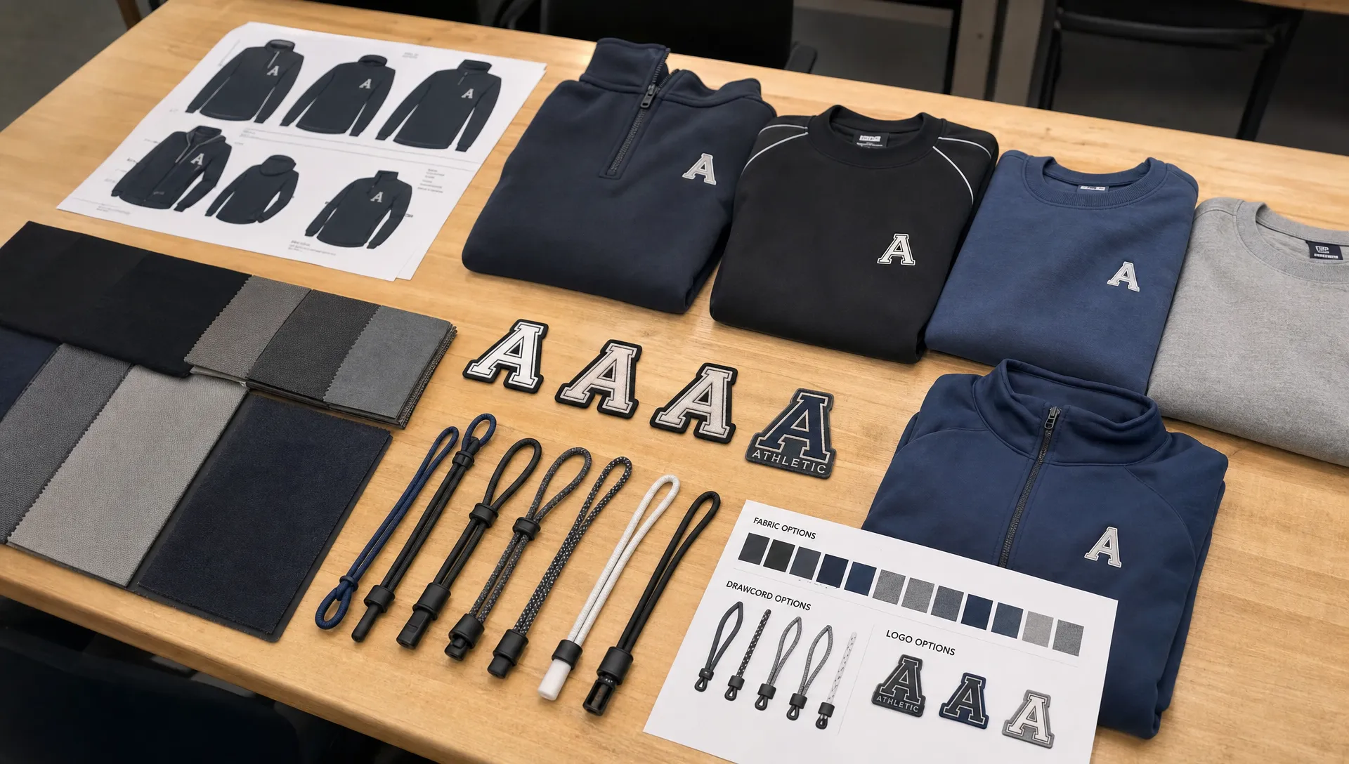 A product development table with fabric swatches, drawcord samples, embroidered logo patches and folded sports sweatshirts prepared for training and retail review.