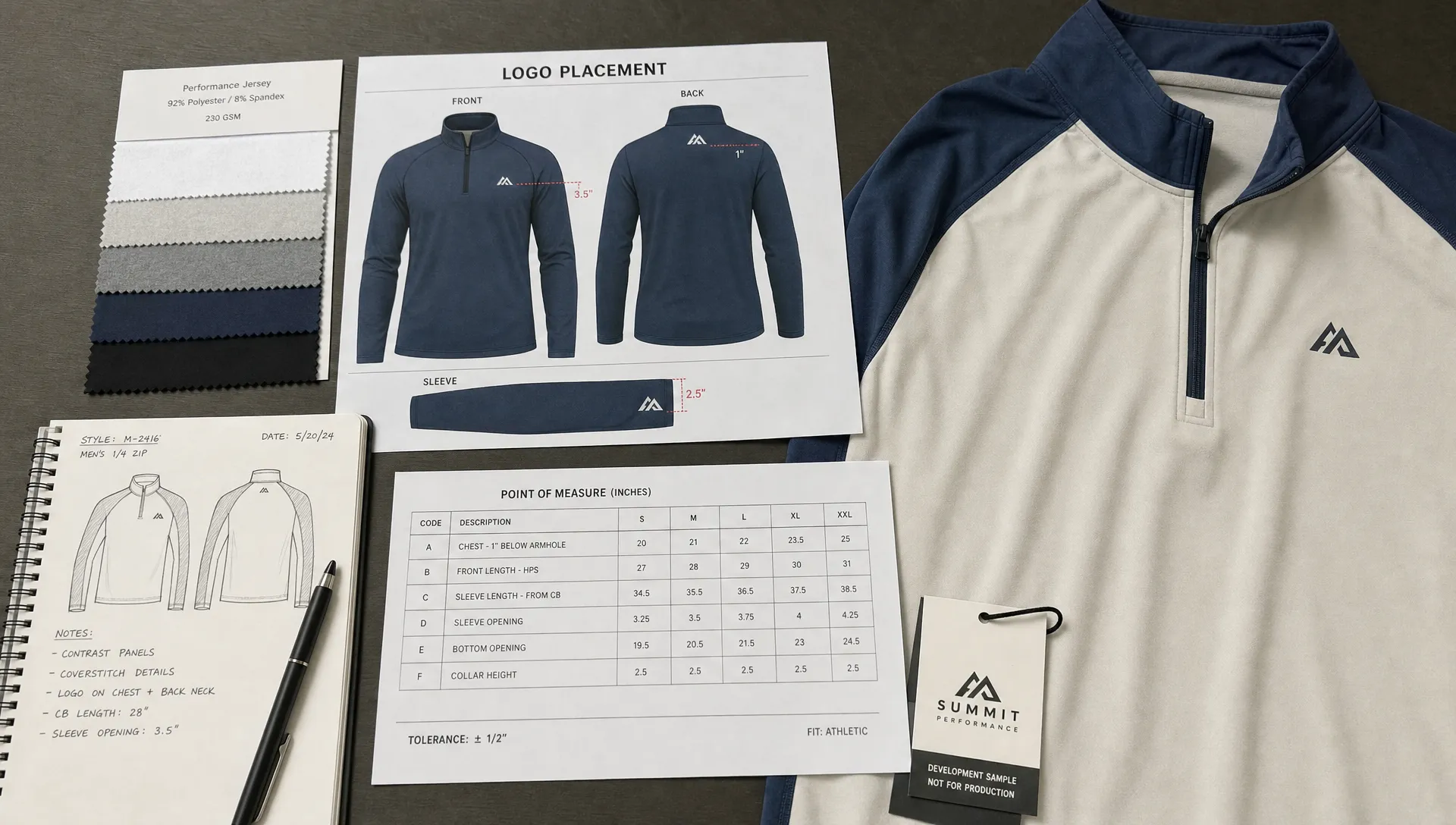 A product development table with fabric swatches, measurement notes, logo placement printouts, and a sports apparel sample ready for review before sampling.