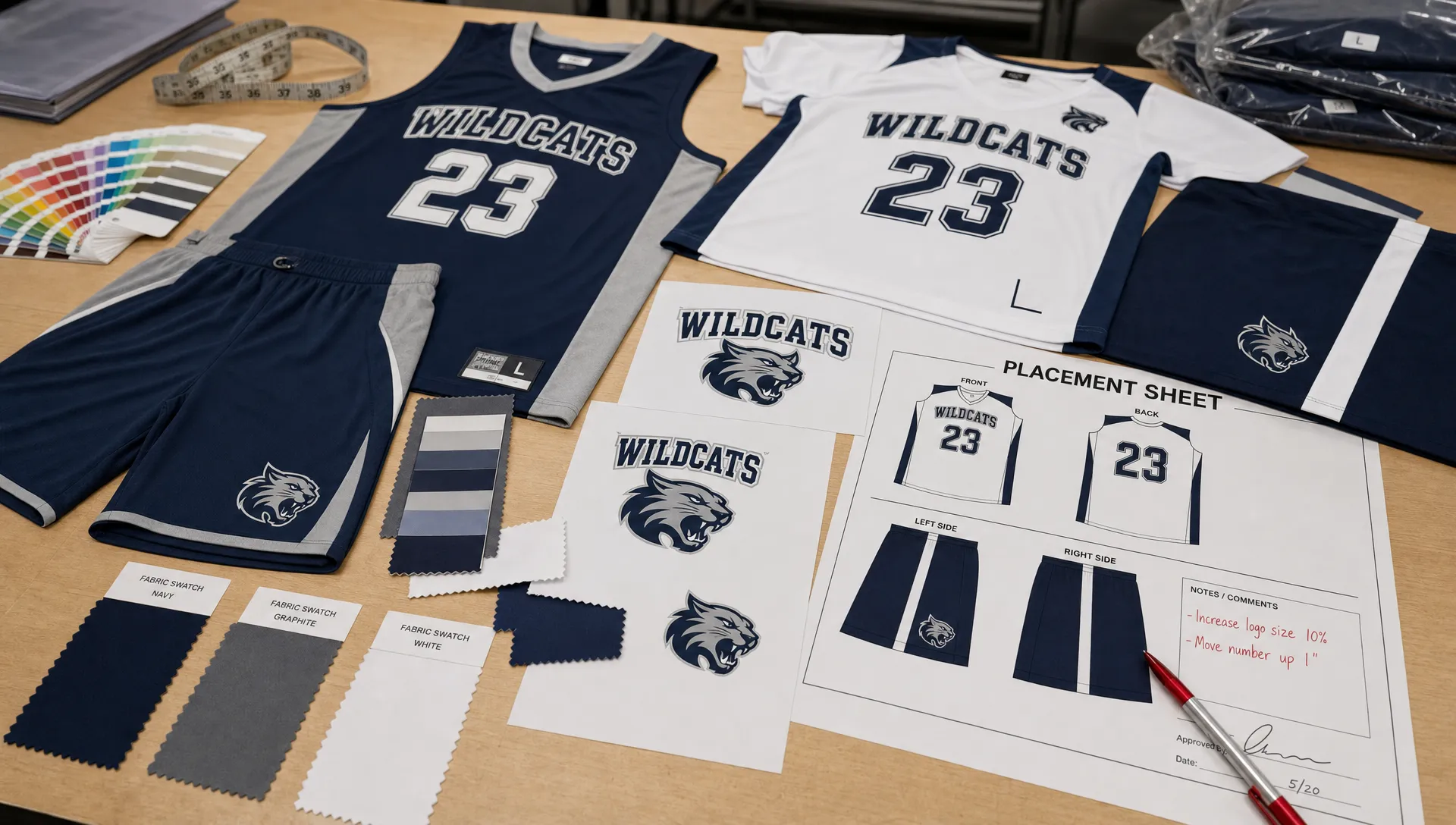 A production table with custom sport uniform samples, fabric swatches, color cards, printed logo proofs, and a marked placement sheet arranged for pre-production approval.