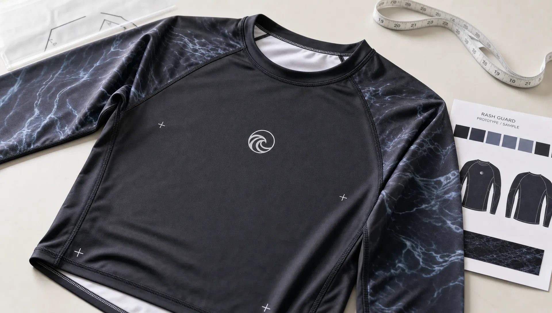 A prototype rash guard lies beside a measuring tape and print proof during custom apparel sampling.