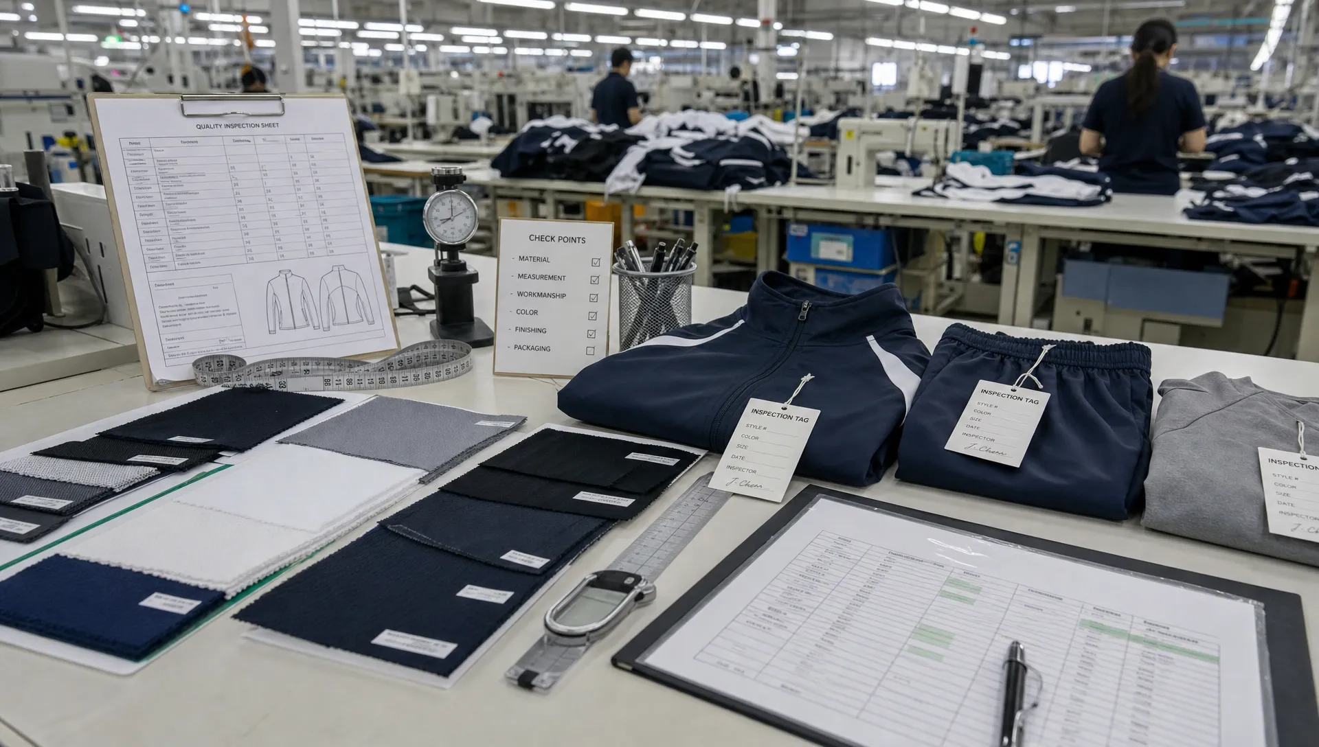 A quality control table at a sportswear factory shows fabric swatches, measurement tools, stitched sample garments, and inspection tags.