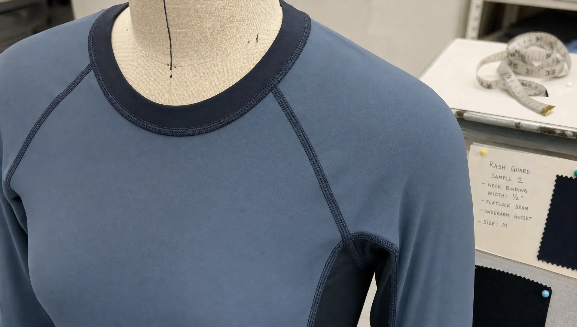 A rash guard on a dress form shows the collar, shoulder seam, and underarm gusset during sample review.