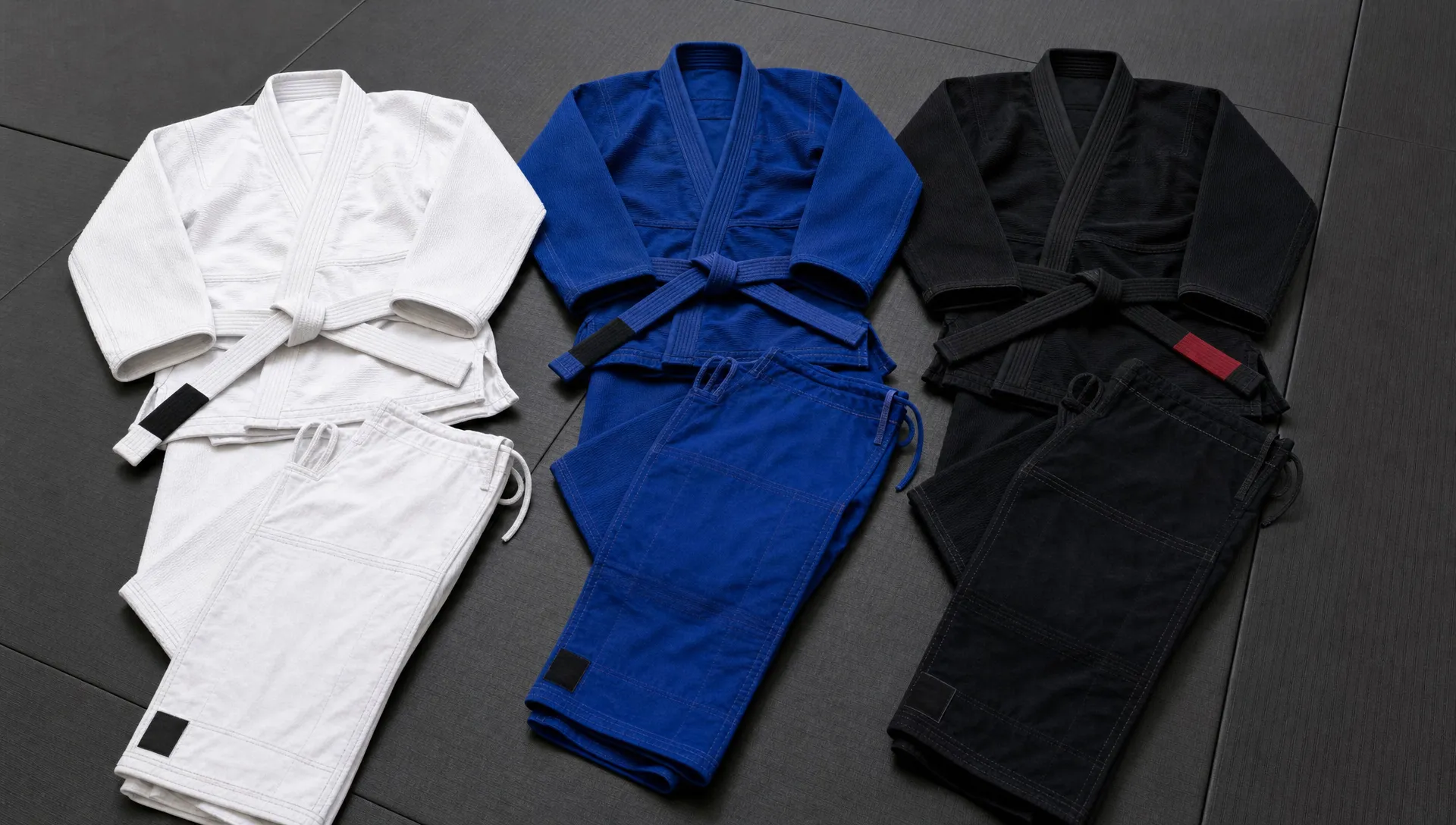 A set of Brazilian jiu jitsu gi uniforms in white, blue and black lies on a gym mat with belts and reinforced pants visible.
