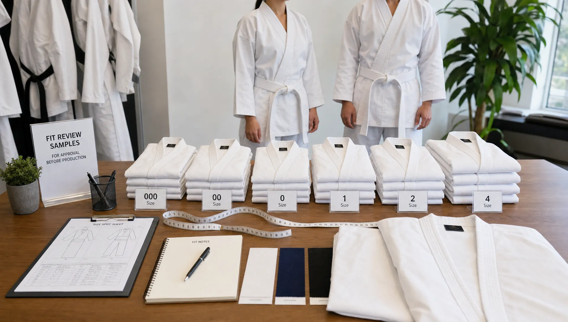 A showroom table holds folded karate uniforms in several sizes with a measuring tape, size labels, and sample jackets for fit review before bulk production.