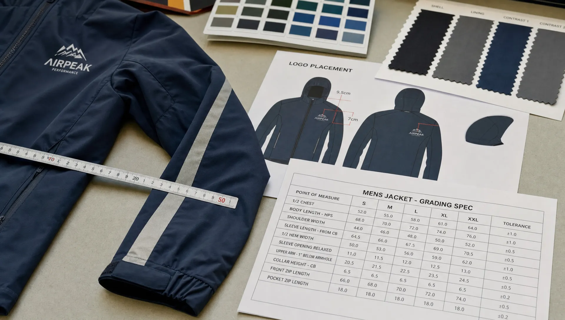 A sports apparel sample sleeve sits beside measurement notes, fabric swatches, and a logo printout during planning before sampling.