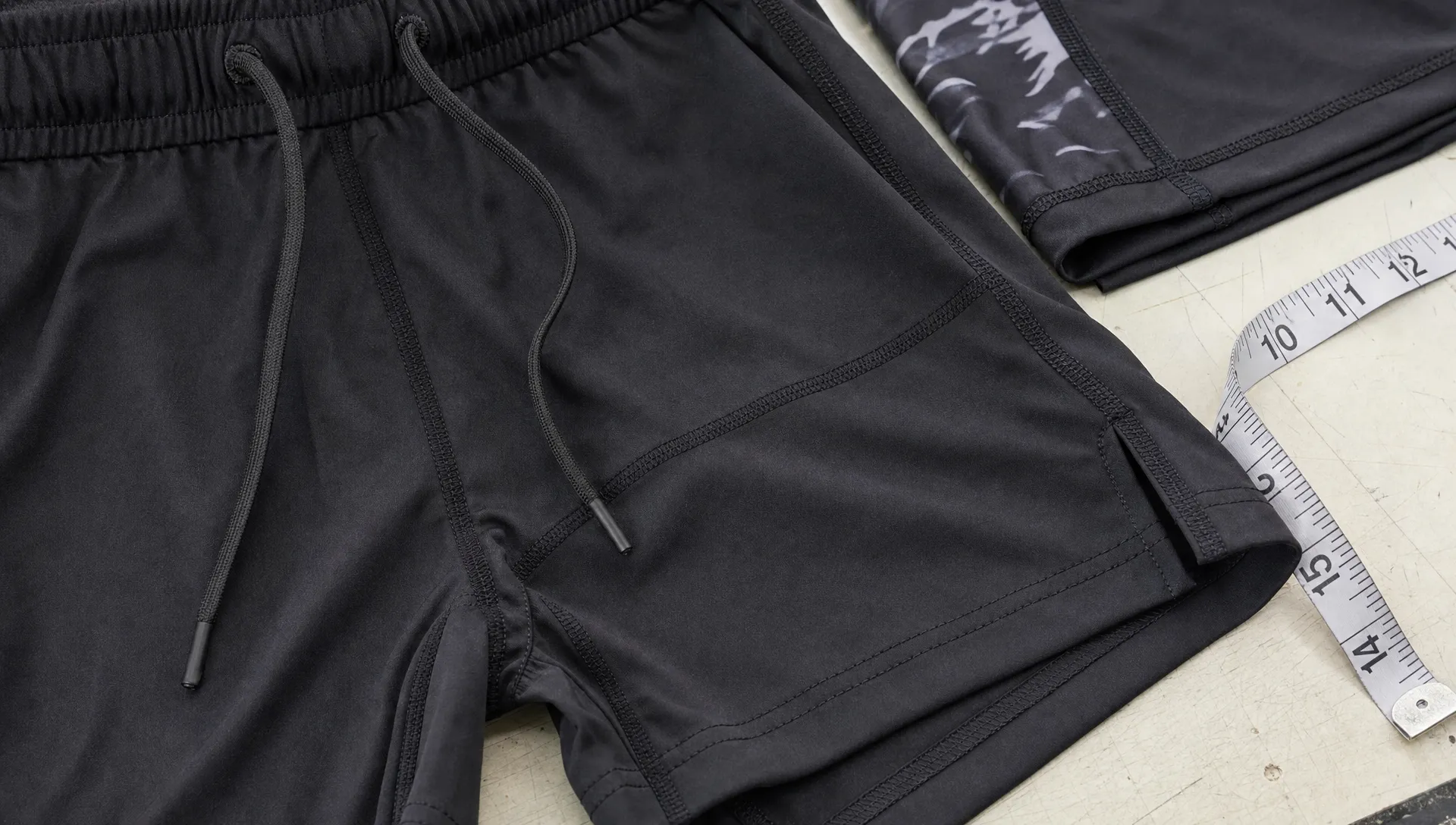 A training short waistband, gusset, and seam details are shown on a worktable during sportswear sampling.