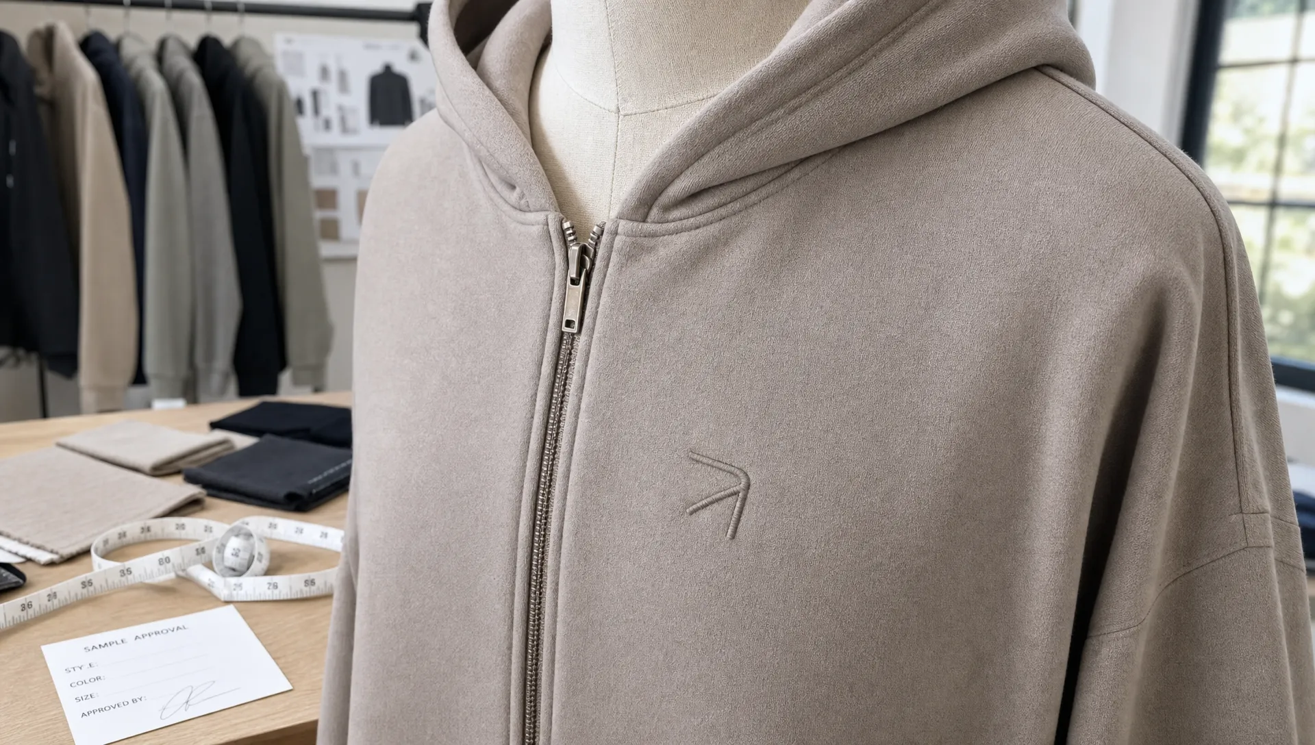 A walkout hoodie sample hangs on a dress form with seam and zipper details visible in a workroom.