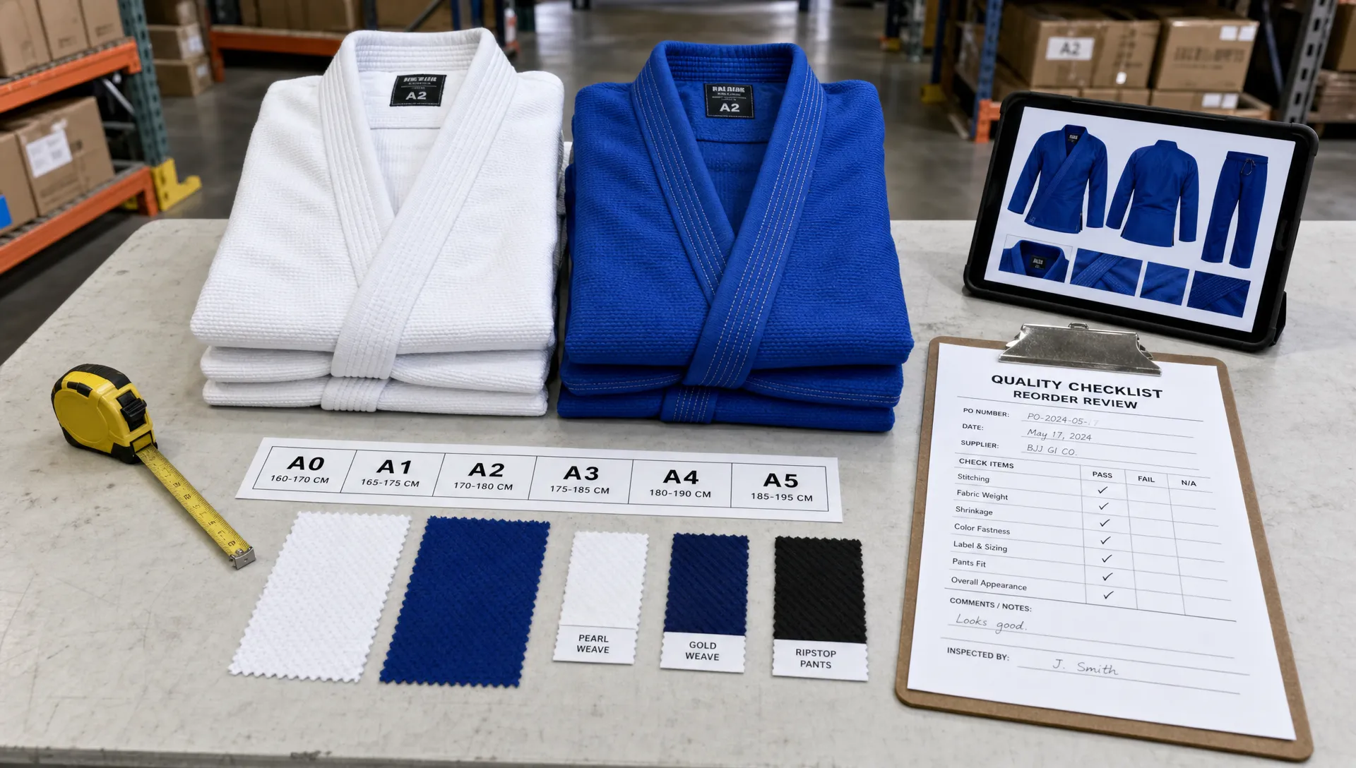 A warehouse inspection table with folded white and blue BJJ gis, a measuring tape, size labels, fabric swatches, and a quality checklist for a reorder review.