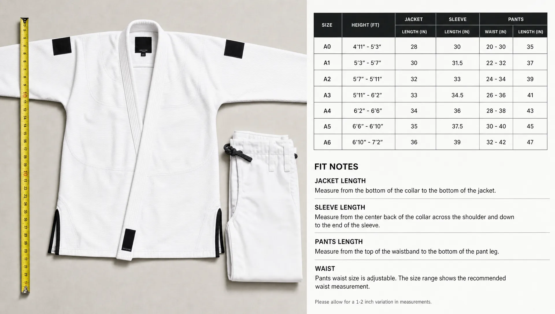 A white Brazilian jiu jitsu gi is laid flat beside a measuring tape, size chart, and fit notes for jacket, sleeve and pants measurements.