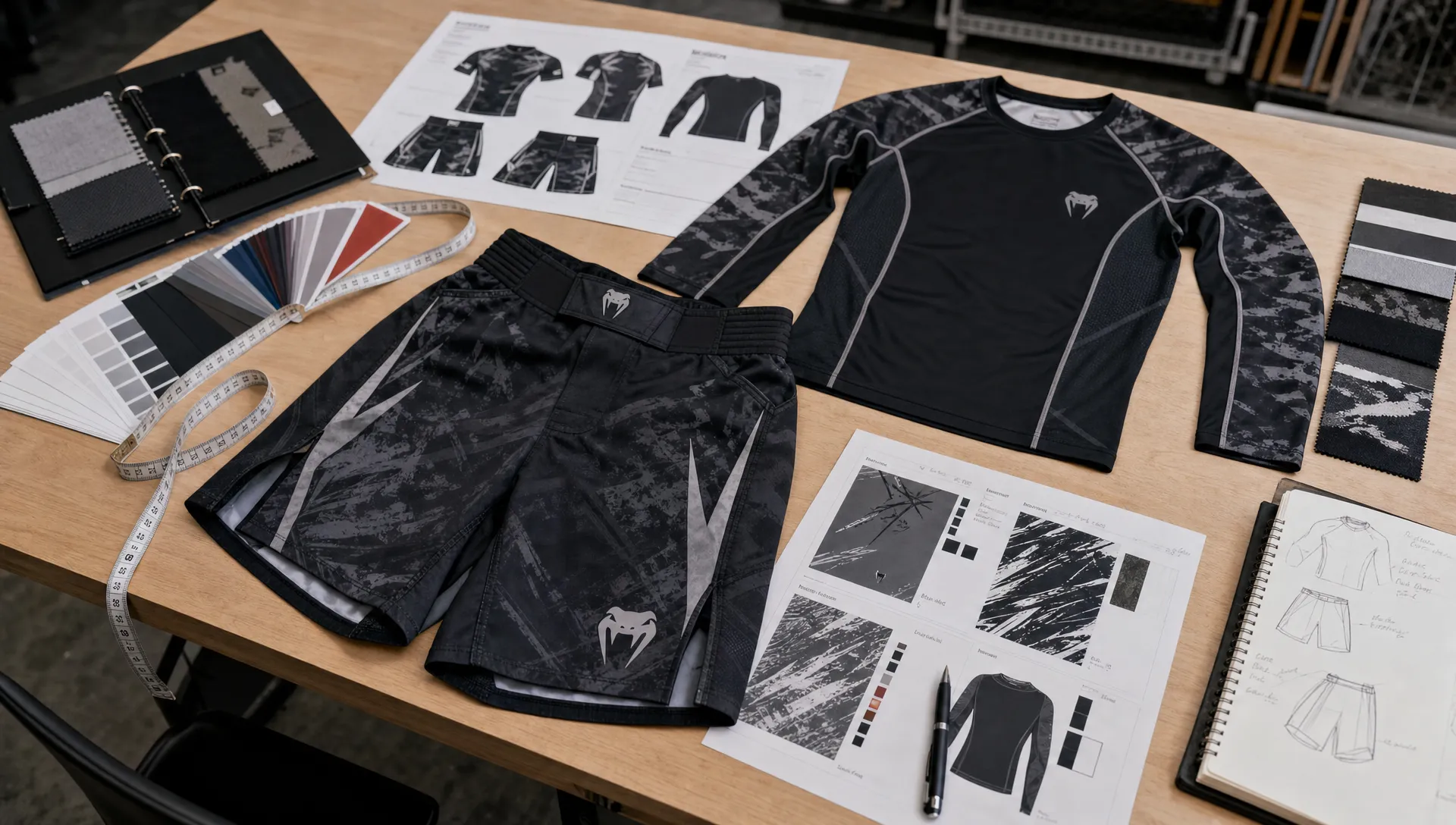 A worktable shows prototype MMA shorts, a rash guard, fabric swatches, measuring tape, color cards, and artwork sheets for sample review.