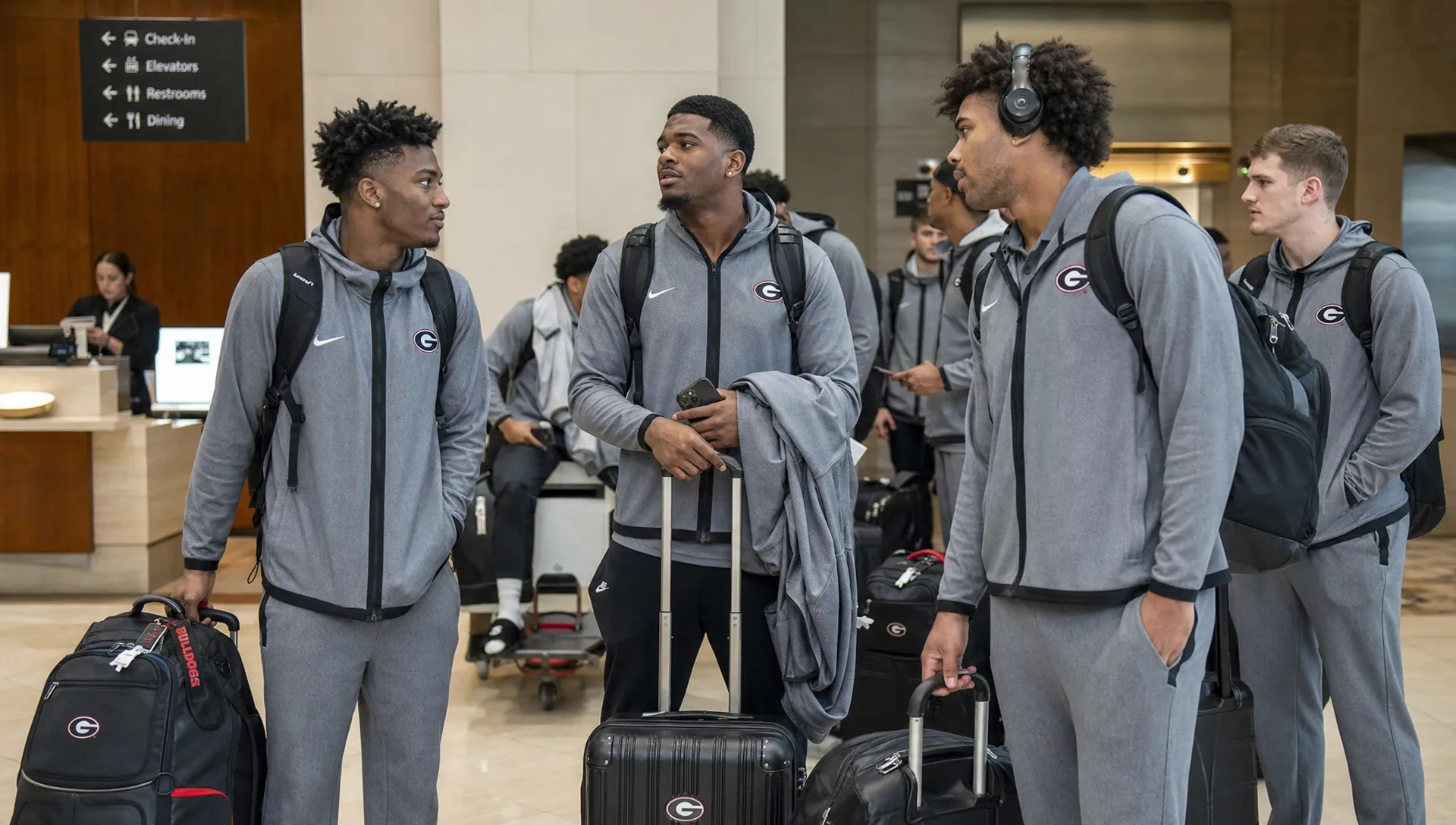 Adult athletes in matching travel uniforms stand with rolling bags and backpacks in an airport lobby.