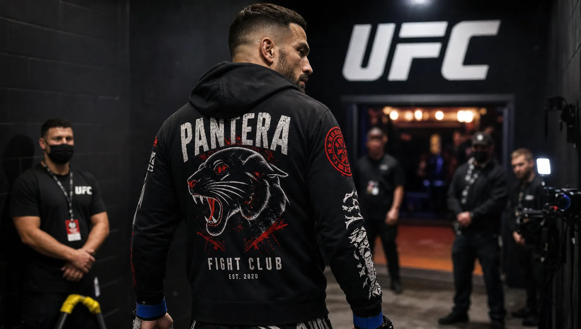 An adult fighter wearing a custom walkout hoodie stands in a gym tunnel before an entrance walk, with back branding and sleeve graphics visible.