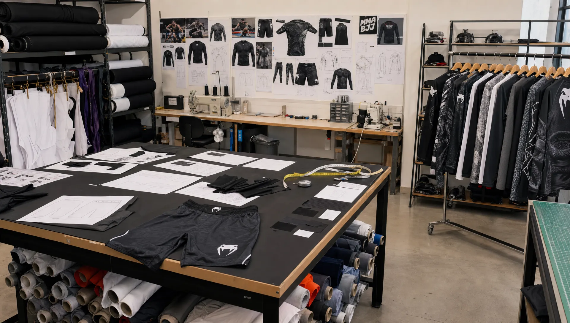 An apparel development studio shows MMA shorts, rash guards, fabric rolls, and pattern pieces ready for sampling.