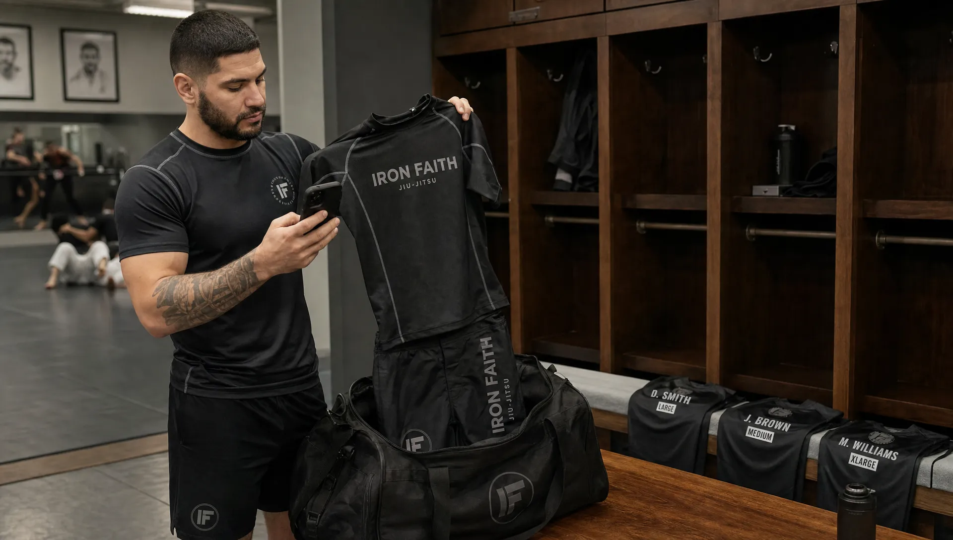 An athlete checks fit notes beside a rash guard, MMA shorts, and labeled gear in a locker room.