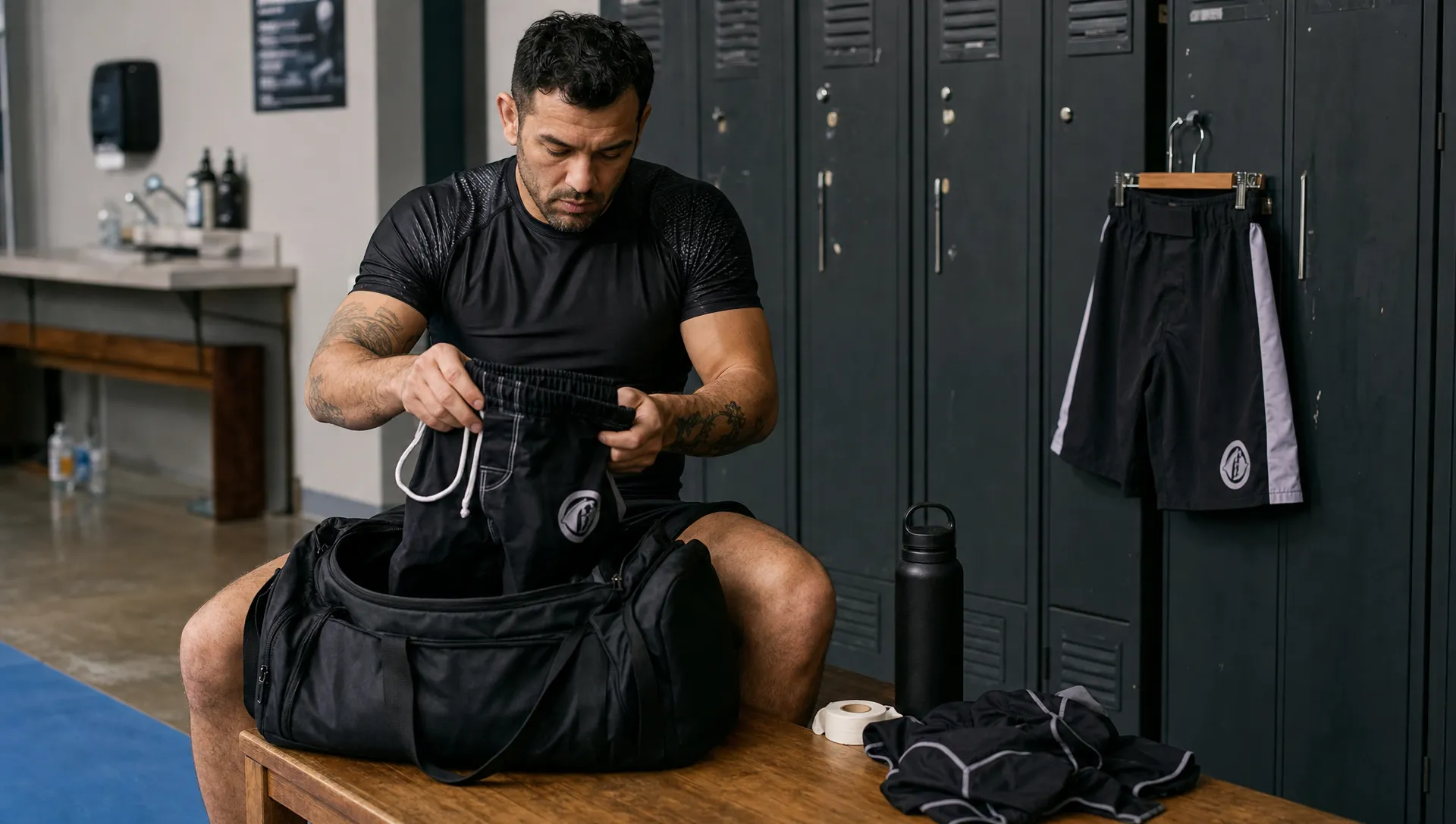 An athlete folds BJJ fight shorts into a gym bag in a changing area before training.