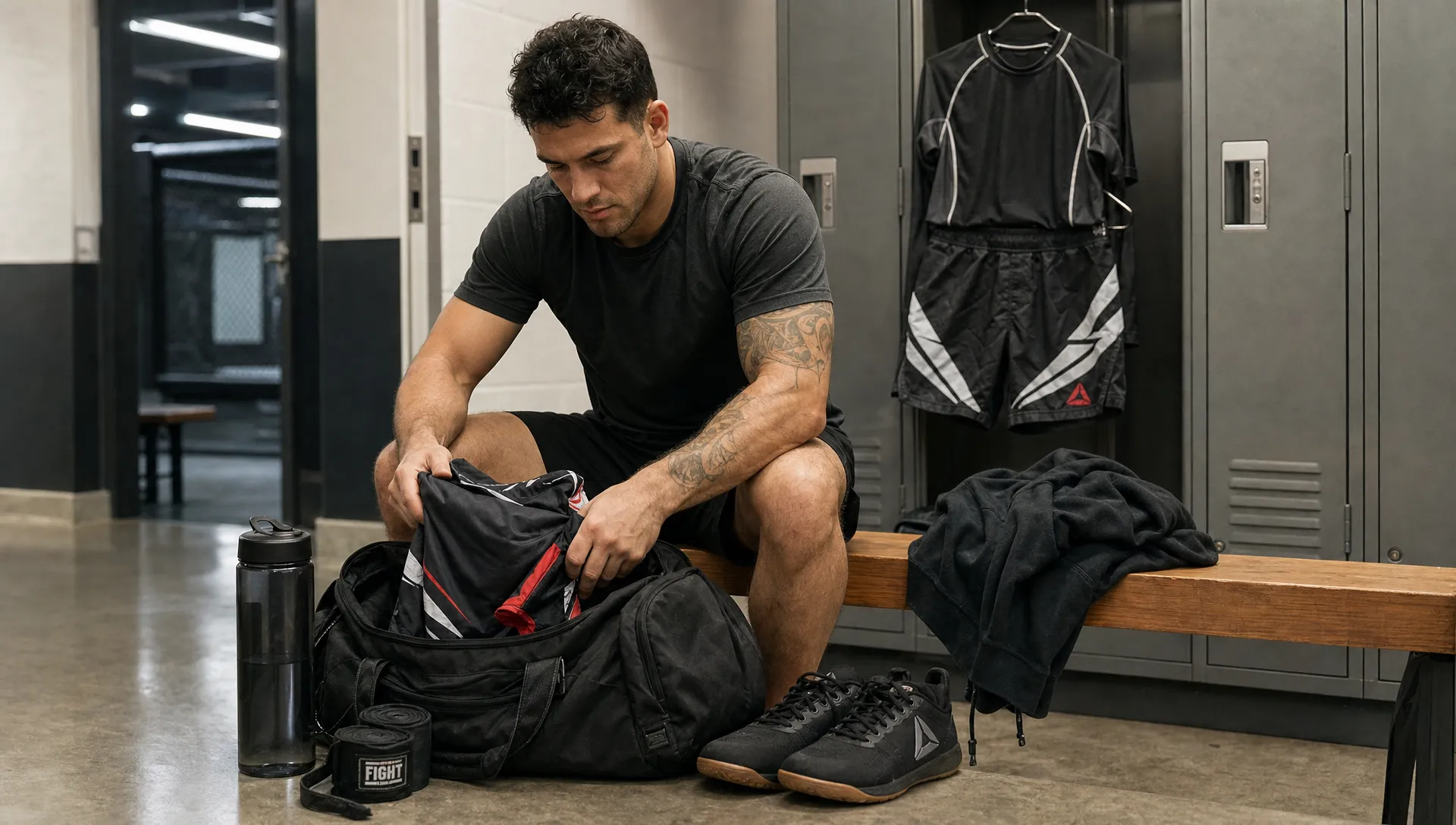 An athlete packs MMA shorts, a rash guard, and a hoodie into a duffel bag in a gym locker area.