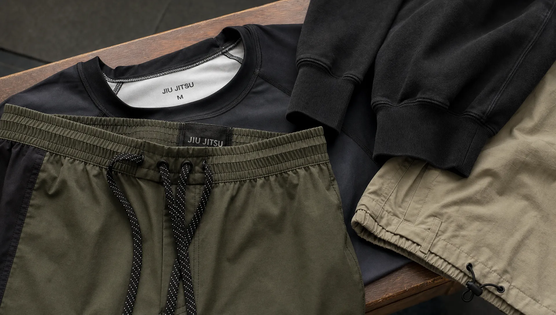 Close-up of a rash guard, fight shorts, hoodie cuff, and training pants showing seasonal apparel details.