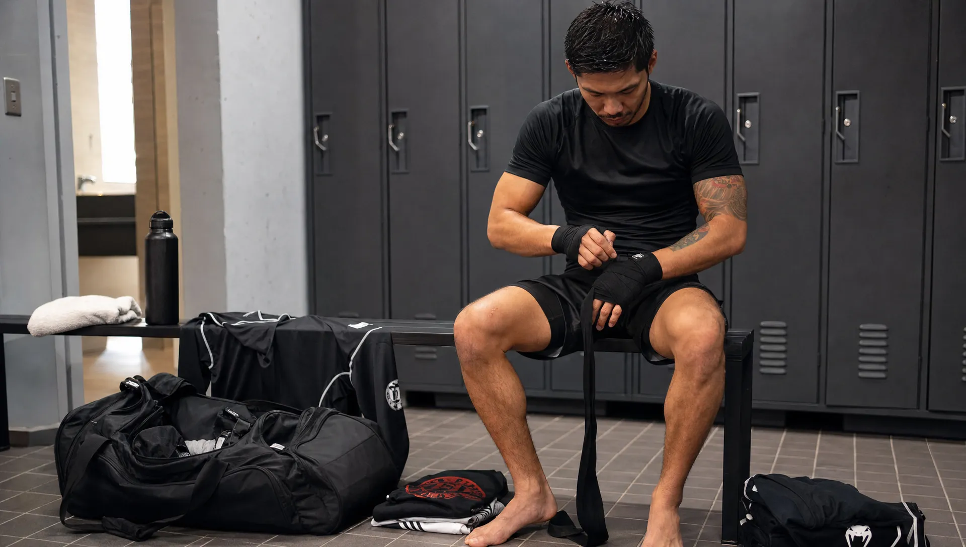 Fightwear, a rash guard, and a duffel bag sit in a gym locker room before training.