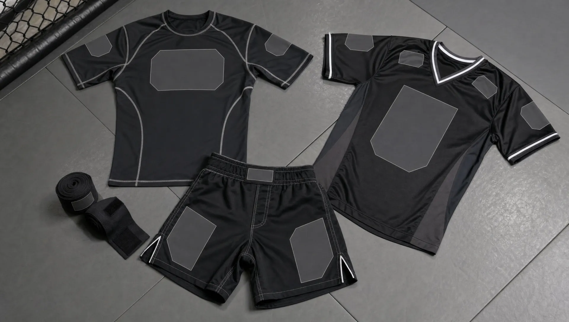 Flat lay of MMA fight shorts, a rash guard, hand wraps, and a walkout jersey arranged on a training mat with logo placement areas visible.