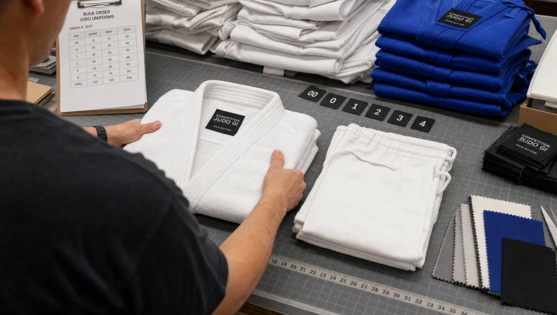 Hands align a judo gi set with size markers and fabric swatches on a cutting table.