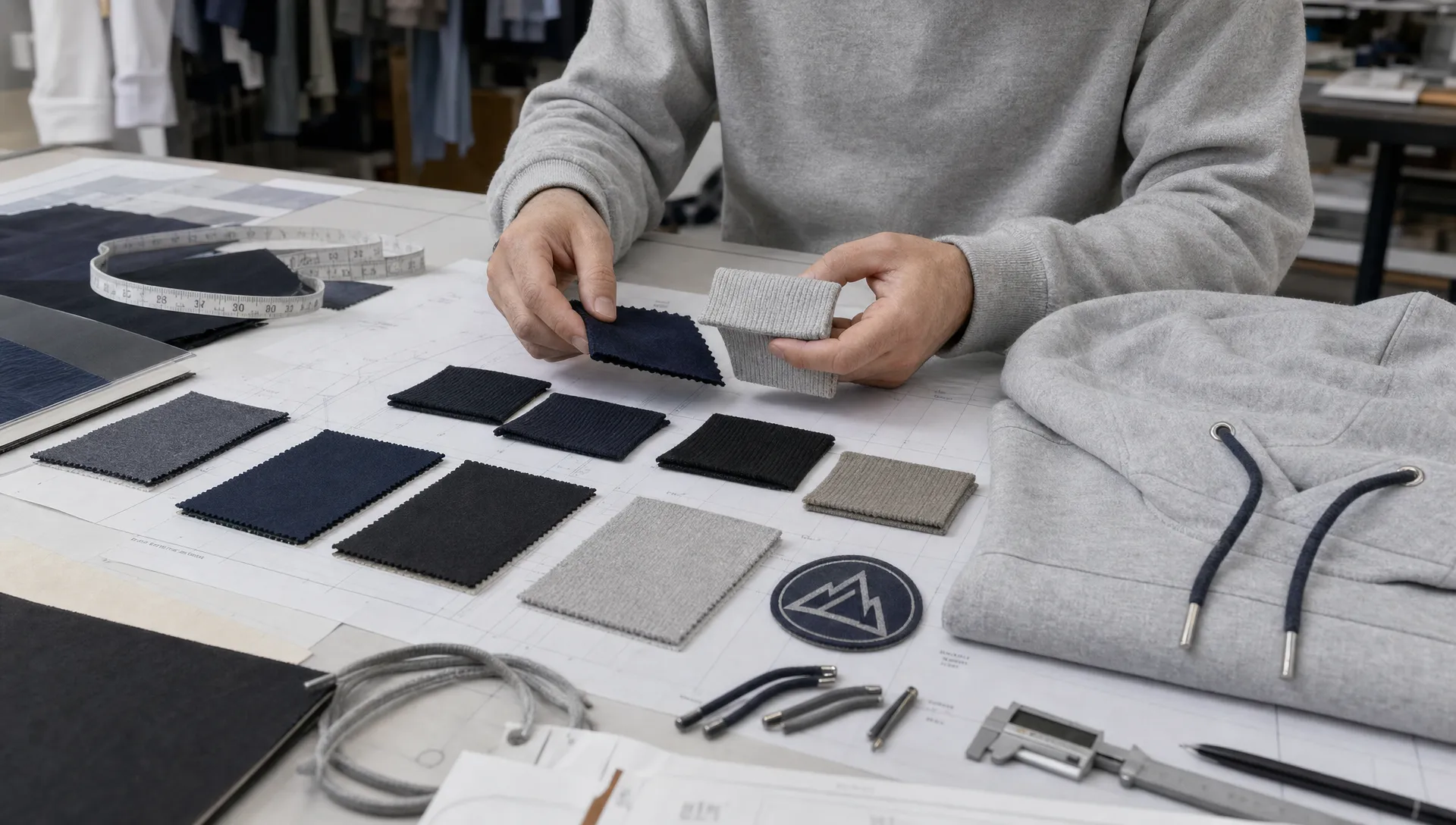 Hands compare sweatshirt swatches, cuffs, and a hoodie sample on a garment development table for training and retail planning.