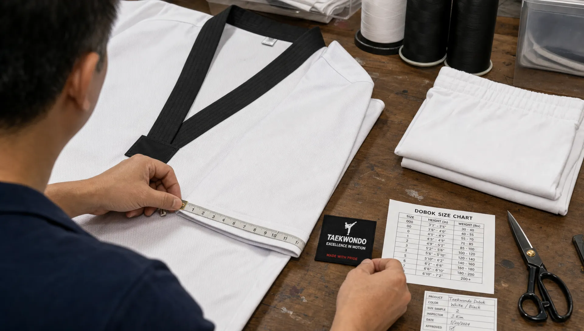Hands measure a taekwondo dobok jacket beside labels, a size chart, and sewing tools.