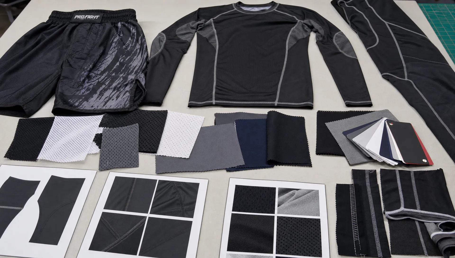 Mesh swatches, stretch panels, flat seams, and knit samples are spread on a worktable for MMA shorts, rash guards, and spats.