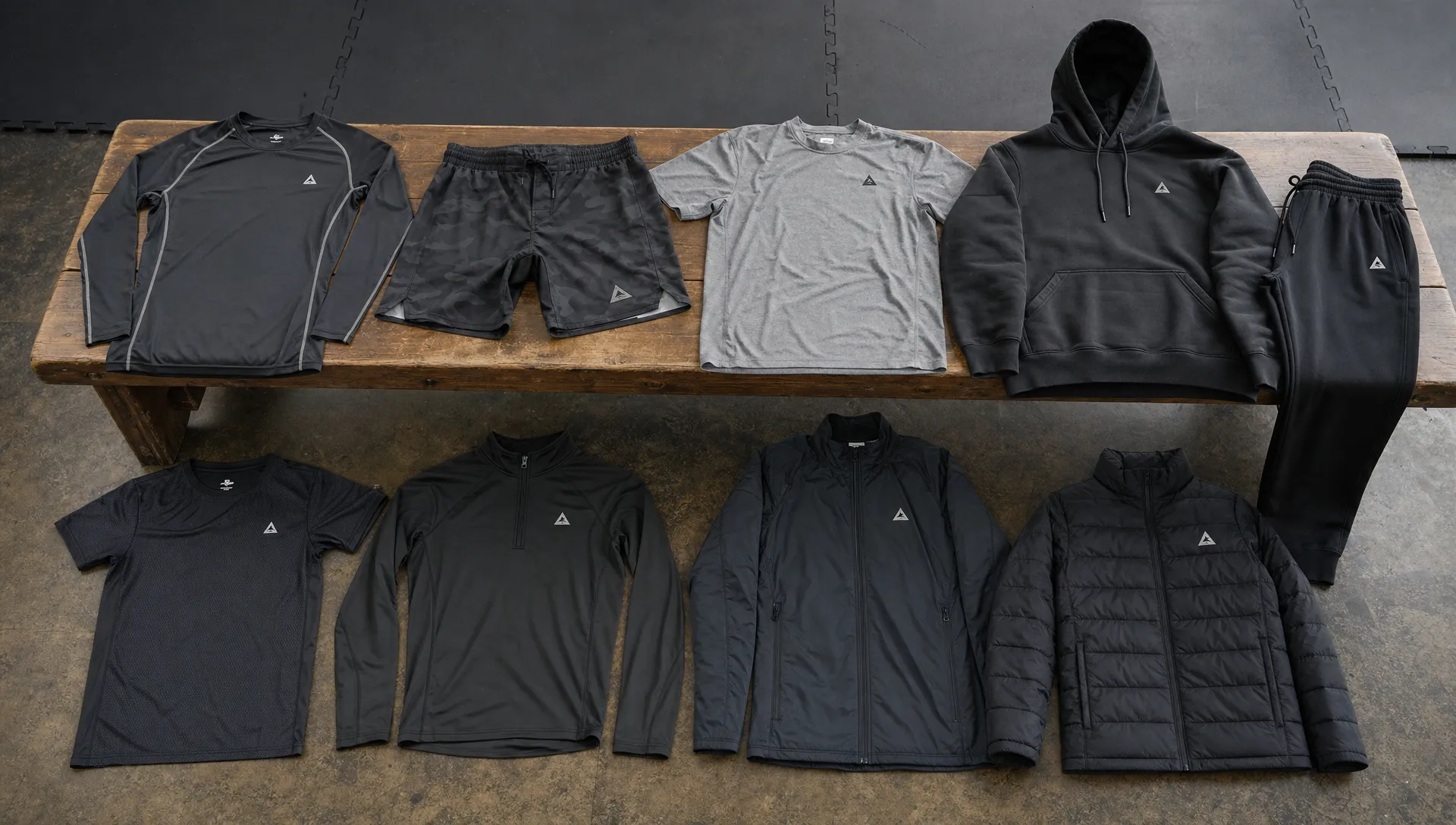 Seasonal training apparel is arranged on a bench with a rash guard, fight shorts, a lightweight tee, a hoodie, joggers, and breathable layers for warm and cold weather.