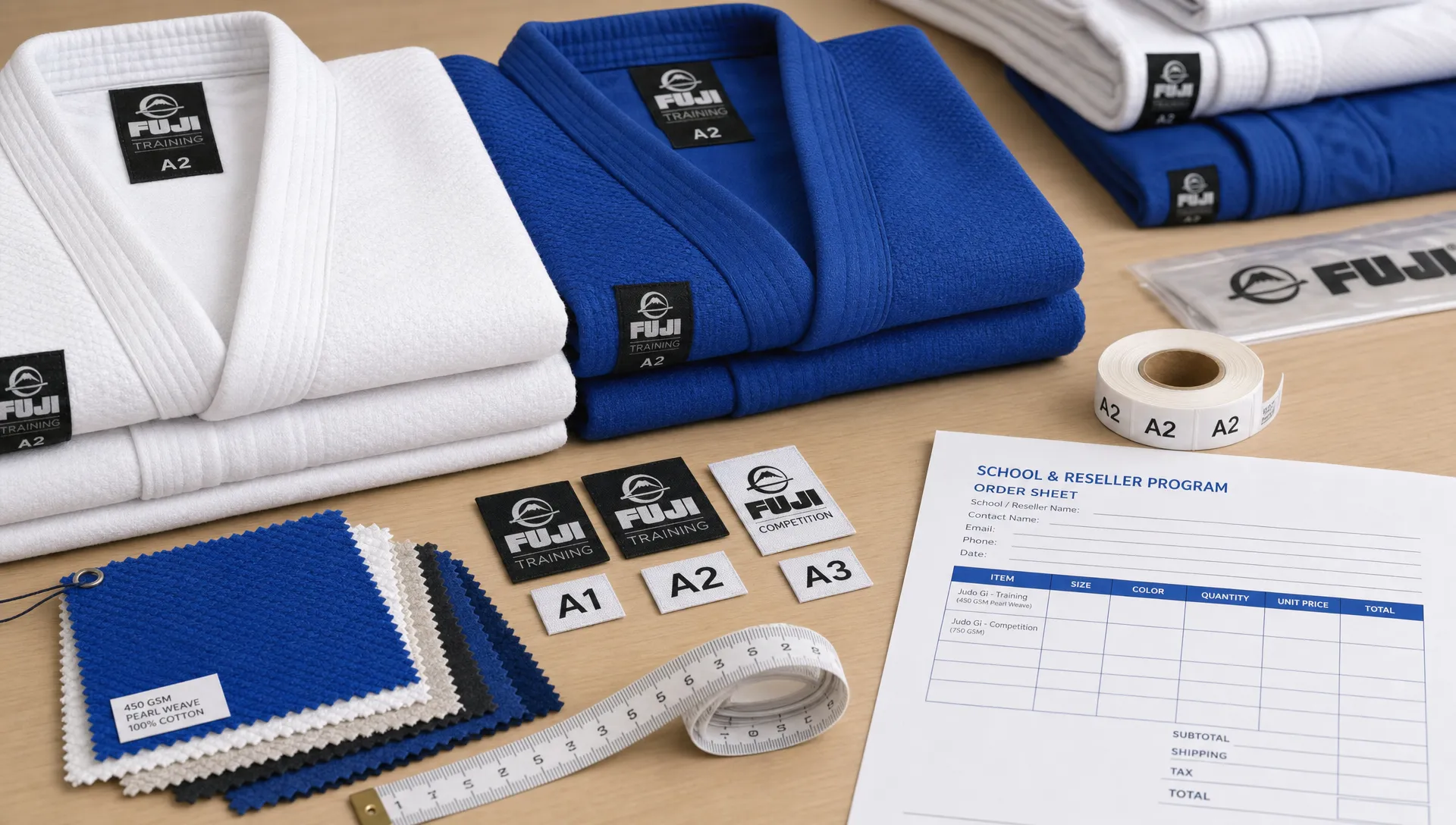 Stacks of white and blue judo gis sit beside fabric swatches, woven labels, a measuring tape and an order sheet for a school and reseller program.
