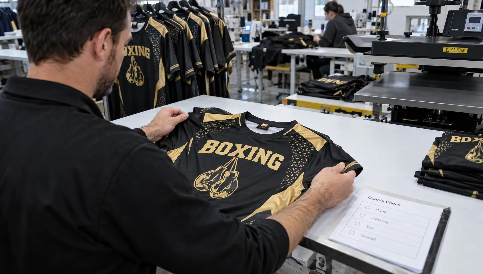 A buyer checks the print and seam on a boxing shirt sample at a factory finishing station.