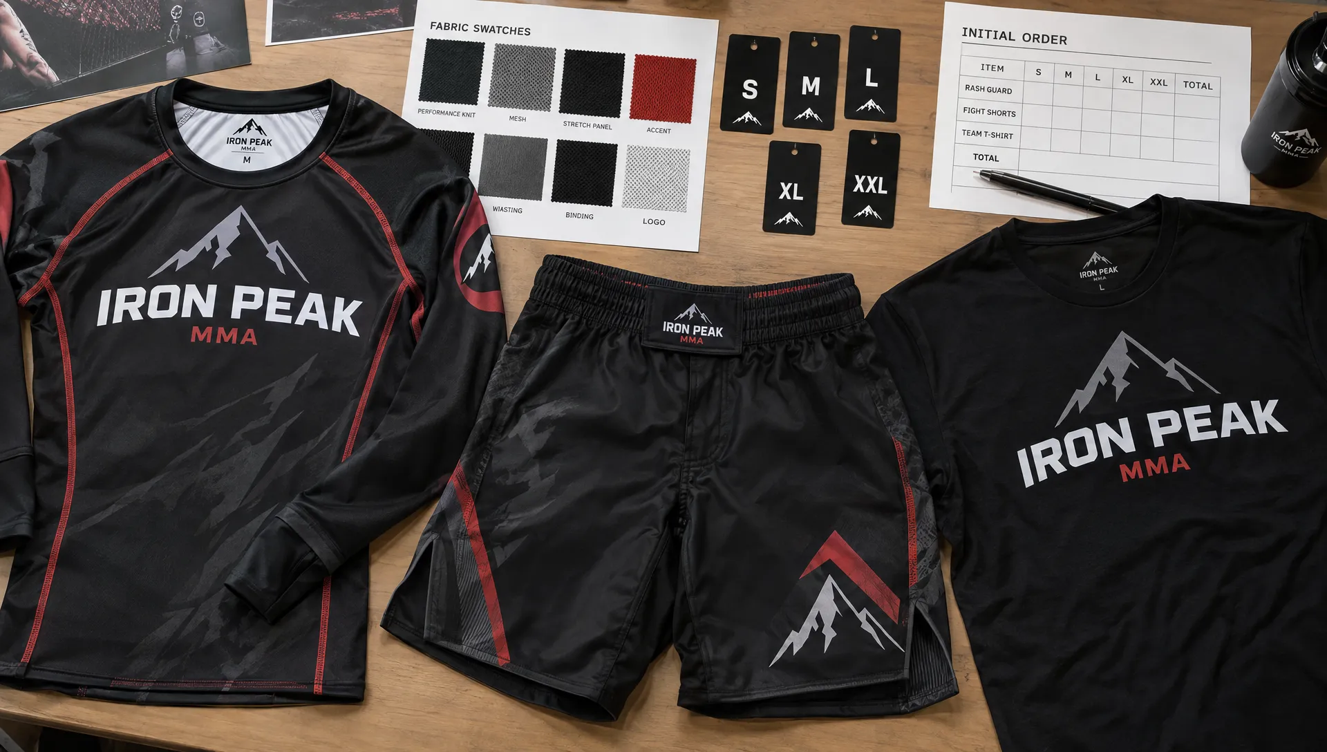 A close overhead view of a matching rash guard, fight shorts, and team T-shirt arranged beside fabric swatches, size labels, and an order sheet for a first MMA clothing collection.