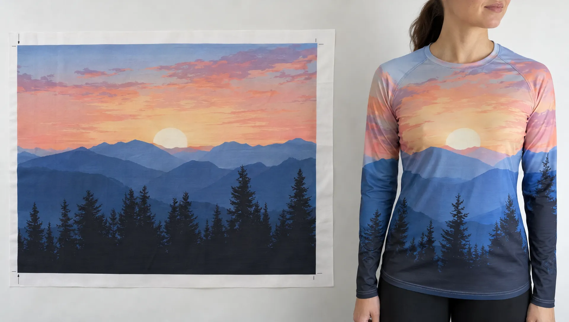 A flat printed polyester panel extends its edge-to-edge artwork into the cutting margin beside a sewn sportswear top with the pattern continuing across its front and sleeve.