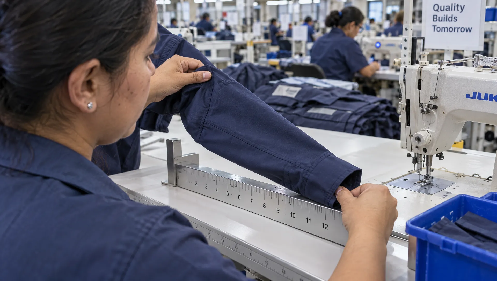 A garment worker measures a uniform sleeve at a sewing station to check that its size matches the production specification.
