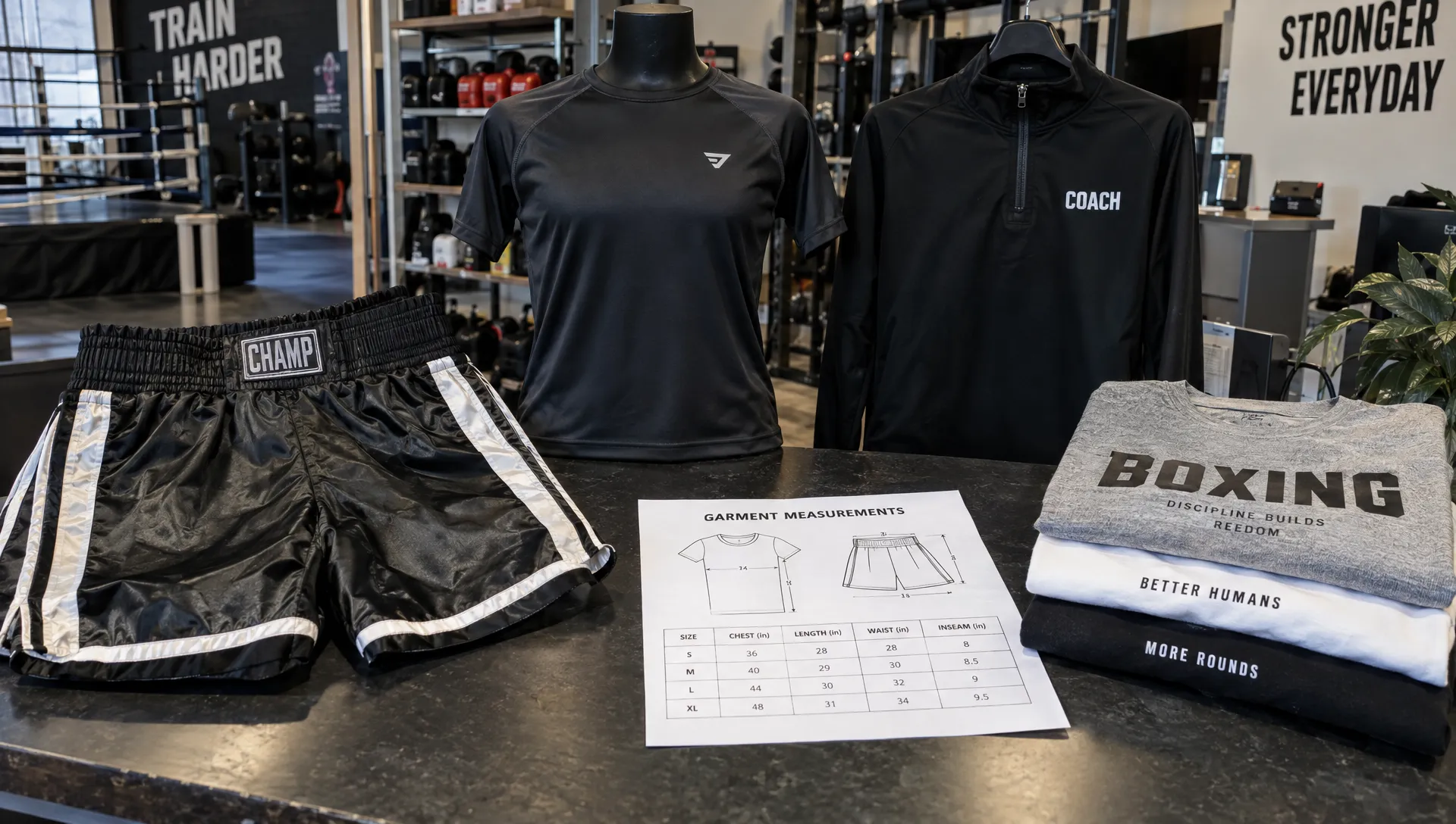 A gym retail counter presents boxing shorts, a performance shirt, a coach top, and folded casual tees beside a garment measurement sheet.