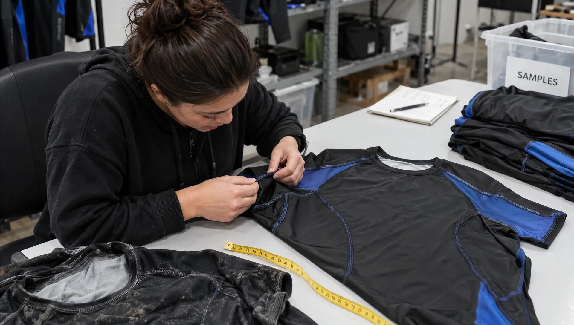 An athlete examines the underarm stitching and hem of a custom rash guard laid flat beside a tape measure, comparing it with worn samples after the trial.